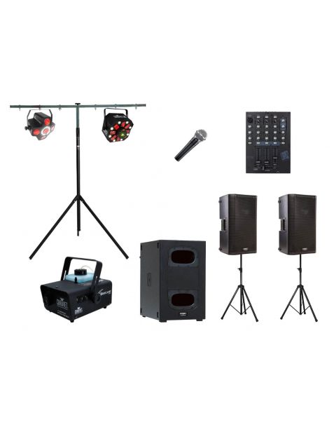 Location pack sonorisation avec enceinte et caisson de basse, jeux de lumière, machine à fumée, micro pour vos soirées privées
